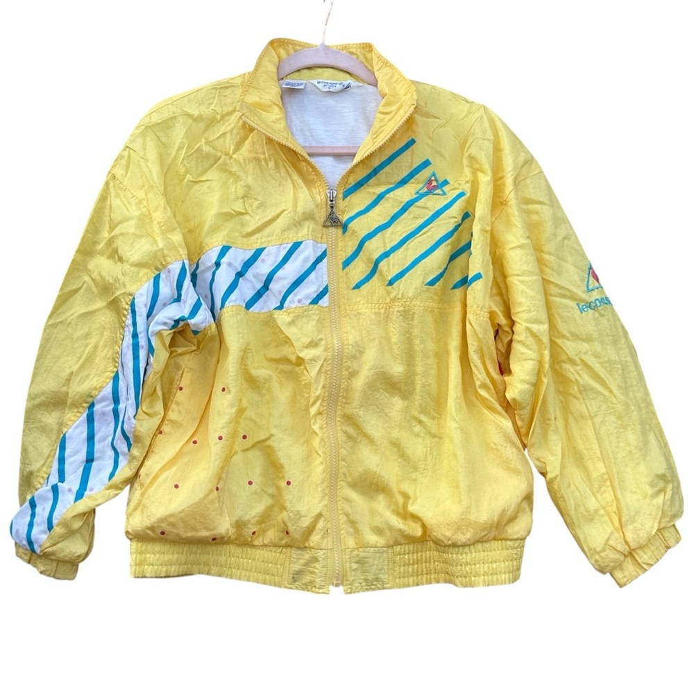 Le Coq Sportif Yellow Windbreaker with Teal & White Stripes